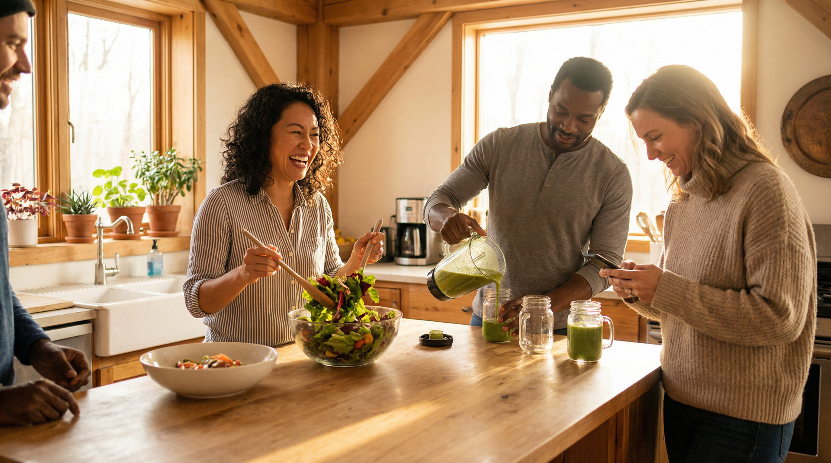 Friends enjoying healthy food and drinks together in a warm kitchen
